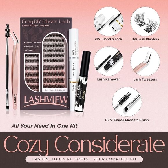 LASHVIEW Cozy DIY Cluster Lash Extension Kit Bond & Lock, Remover, Brush - Picture 2 of 6